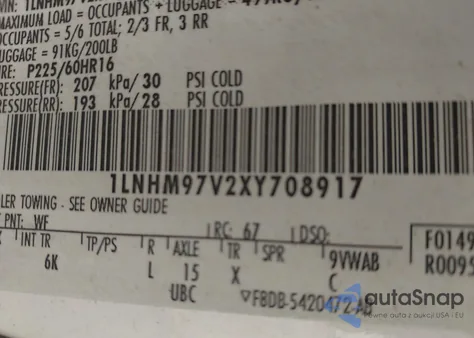 1999 Lincoln Continental из США, поврежденный, VIN 1LNHM97V2XY708917